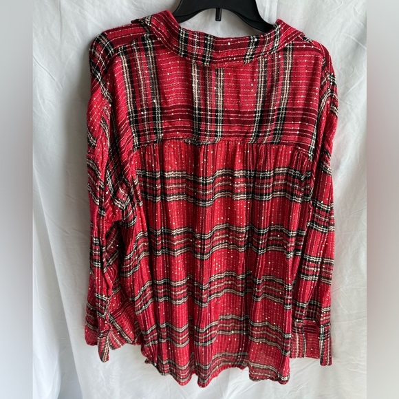 Free People Red & Black Plaid Top Long Sleeve V-Neck w/ Sequins Size M - Picture 2 of 3